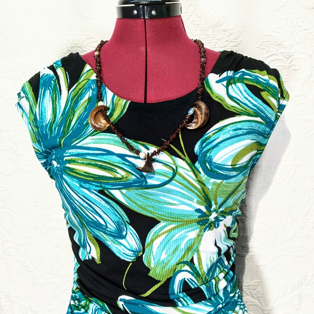 Enfocus Floral Stretchy Fitted Black Blue Midi Dress Size 6 - Picture 4 of 11